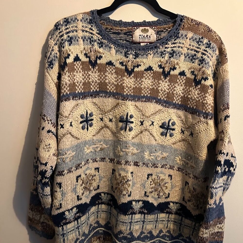 Vintage Tiara International Knit Sweater – Ramie Cotton Blend, Blue, L